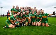 9 November 2024; The Kilcock team celebrate with the cup after the 2024 AIB Leinster LGFA Junior Club Championship final between Baile Dubh Tíre and Kilcock at Coralstown/Kinnegad GAA in Westmeath. Photo by Tyler Miller/Sportsfile