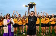 9 November 2024; Bennekerry Tinryland captain Shannen Cotter celebrates with the cup after the 2024 AIB Leinster LGFA Intermediate Club final between Dee Rangers and Bennekerry Tinryland at Coralstown/Kinnegad GAA in Westmeath. Photo by Tyler Miller/Sportsfile