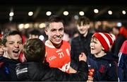 9 November 2024; Conor Groarke of Cuala celebrates with supporters after his side's victory in the AIB Leinster GAA Senior Club Football Championship quarter-final match between Naas and Cuala at Cedral St Conleth's Park in Newbridge, Kildare. Photo by Piaras Ó Mídheach/Sportsfile