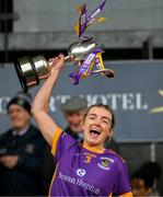 10 November 2024; The Kilmacud Crokes captain Emer Sweeney lifts the cup after the 2024 AIB Leinster LGFA Senior Club Final between Eadestown and Kilmacud Crokes at Glenisk O’Connor Park in Tullamore, Offaly. Photo by Ray McManus/Sportsfile