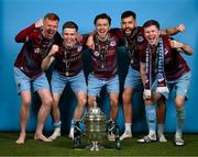 10 November 2024; Drogheda United players, from left, Shane Farrell, Warren Davis, Darragh Markey, Dave Webster and Conor Kane pose for a photograph with the FAI Cup after the Sports Direct Men's FAI Cup Final match between Drogheda United and Derry City at the Aviva Stadium in Dublin. Photo by Stephen McCarthy/Sportsfile