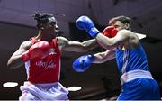 13 November 2024; Nathan Ojo of Esker BC, Dublin, left, in action against James Clarke of Crumlin BC, Dublin, during the 92kg semi-final bout at the IABA National Elite Boxing Championships 2025 Finals at the National Boxing Stadium in Dublin. Photo by Piaras Ó Mídheach/Sportsfile