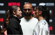 13 November 2024; Katie Taylor, left, and Amanda Serrano with MVP promotions co-founder Nakisa Bidarian during a press conference, held at Toyota Music Factory in Irving, Texas, USA, ahead of their undisputed super lightweight championship fight, on November 15th at AT&T Stadium in Arlington, Texas. Photo by Stephen McCarthy/Sportsfile