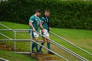 14 November 2024; Thomas Clarkson, left, and Sam Prendergast arrive for the Ireland rugby captain's run at the UCD Bowl in Dublin. Photo by Brendan Moran/Sportsfile