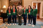 14 November 2024; Team Ireland athletes and staff were invited to Áras an Uachtaráin on Thursday for an official reception hosted by President Michael D. Higgins and his wife Sabina Higgins to mark the Paris 2024 Paralympic Games. Pictured at Áras an Uachtaráin in Dublin with President Michael D Higgins, are, from left, Paralympic medallists Linda Kelly, Katie George Dunlevy, Orla Comerford, Roisin Ni Riain and Ellen Keane. Photo by Brendan Moran/Sportsfile