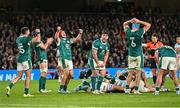 15 November 2024; Josh van der Flier of Ireland, third from left, and team-mate Thomas Clarkson, fourth from left, celebrate after their side's victory in the Autumn Nations Series match between Ireland and Argentina at the Aviva Stadium in Dublin. Photo by Piaras Ó Mídheach/Sportsfile