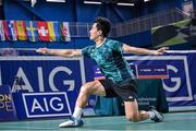 16 November 2024; Nhat Nguyen of Ireland in action against Tan Jia Jie of Malaysia during the men's singles final in the AIB Irish Open Badminton Championships at the Sport Ireland National Indoor Arena in Dublin. Photo by Sportsfile