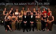 16 November 2024; The 2024 TG4 Ladies Football Allstar team, back row, from left, Anna Galvin of Kerry, Anna Maria O'Donoghue representing Niamh Carmody of Kerry, Aoife McCoy of Armagh, Olivia Divilly of Galway, Danielle O’Leary of Kerry, Katie Quirke of Cork, Louise Ní Mhuircheartaigh of Kerry, Aishling O’Connell of Kerry and Kate Geraghty of Galway with, front, from left, Ciara Butler of Kerry, Grace Ferguson of Armagh, Kayleigh Cronin, Ard Stiúrthóir TG4 Alan Esslemont, LGFA President Mícheál Naughton, Nicola Ward of Galway, Michelle McArdle, representing her daughter Lauren McConville of Armagh and Ailbhe Davoren of Galway during the TG4 Ladies Football All Stars Awards banquet, in association with Lidl, at the Bonnington Dublin Hotel in Dublin.  Photo by Brendan Moran/Sportsfile