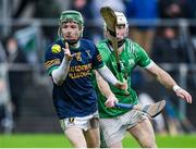 17 November 2024; Adam Screeney of Kilcormac-Killoughey in action against Marty Kavanagh of St Mullins during the AIB Leinster GAA Senior Club Hurling Championship quarter-final match between St Mullins and Kilcormac-Killoughey at Netwatch Cullen Park in Carlow. Photo by Matt Browne/Sportsfile