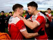 17 November 2024; Pádraig Pearses players Conor Daly, right, and Declan Kenny congratulate each other after their side's victory in the AIB Connacht GAA Senior Club Football Championship semi-final match between Mohill and Pádraig Pearses at Seán O'Heslin Memorial Park in Ballinamore, Leitrim. Photo by Seb Daly/Sportsfile