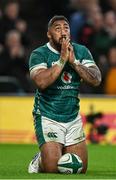 23 November 2024; Bundee Aki of Ireland celebrates after scoring his side's fifth try during the Autumn Nations Series match between Ireland and Fiji at the Aviva Stadium in Dublin. Photo by Brendan Moran/Sportsfile