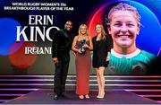 24 November 2024; Erin King of Ireland is presented with her World Rugby Women's 15s Breakthrough Player of the Year Award by Ugo Monye and Heather Moyse during the World Rugby Awards in Monaco. Photo by Mattia Ozbot/World Rugby via Sportsfile