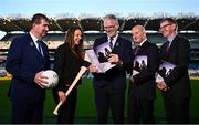 27 November 2024; In attendance at the launch of the Economic Impact and Social Value report on Gaelic Games, at Croke Park in Dublin, are, from left, Uachtarán Cumann Peil Gael na mBan, Mícheál Naughton, Ard Stiúrthóir of the Camogie Association Sinéad McNulty, Uachtarán Chumann Lúthchleas Gael Jarlath Burns, Professor Simon Shibli, head of the Sports Industry Research Centre at Sheffield Hallam University, and Ard Stiúrthóir of the GAA Tom Ryan. Photo by Seb Daly/Sportsfile