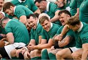 29 November 2024; Ireland players, including Cian Healy, Garry Ringrose and Andrew Porter share a joke during the team photograph before an Ireland rugby captain's run at the Aviva Stadium in Dublin. Photo by Sam Barnes/Sportsfile