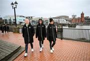 29 November 2024; Republic of Ireland players, from left, Amber Barrett, Heather Payne and Julie-Ann Russell during a match-day team walk ahead of their UEFA Women's EURO 2025 Play-off second round first leg match against Wales in Cardiff. Photo by Stephen McCarthy/Sportsfile