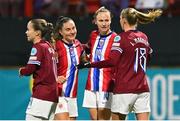 29 November 2024; Caroline Graham Hansen of Norway, centre, celebrates after scoring her side's third goal during the UEFA Women's EURO 2025 Play-off round two first leg match between Northern Ireland and Norway at Inver Park in Larne, Antrim. Photo by Shauna Clinton/Sportsfile