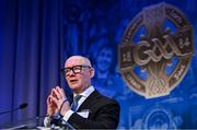 30 November 2024; GAA Football Review Committee chairperson Jim Gavin addresses delegates during the GAA Special Congress 2024 at Croke Park in Dublin. Photo by Piaras Ó Mídheach/Sportsfile