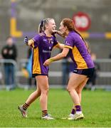 30 November 2024; Niamh Carr, left, and Kate Murray of Kilmacud Crokes celebrate after the AIB LGFA All-Ireland Senior Club Championship semi-final match between Kilmacud Crokes of Dublin and Castleisland Desmonds of Kerry at Páirc de Burca in Stillorgan, Dublin. Photo by Daire Brennan/Sportsfile