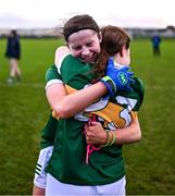 1 December 2024; Julie Trearty, left, and Aoife McMullan of Na Dúnaibh celebrate after the AIB LGFA All-Ireland Junior Club Championship semi-final match between Na Dúnaibh of Donegal and Kilcock of Kildare at Na Dúnaibh GAA in Downings, Donegal. Photo by Ben McShane/Sportsfile