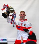 1 December 2024; Peter Laffey of Coolera Strandhill celebrates with the trophy after the AIB Connacht GAA Senior Club Football Championship final match between Coolera-Strandhill and Pádraig Pearses at Markievicz Park GAA Stadium in Sligo. Photo by Tyler Miller/Sportsfile