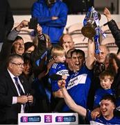 1 December 2024; Sarsfields captain Conor O'Sullivan lifts the cup after his side's victory in the AIB Munster GAA Senior Club Hurling Championship final match between Ballygunner and Sarsfields at FBD Semple Stadium in Thurles, Tipperary. Photo by Piaras Ó Mídheach/Sportsfile