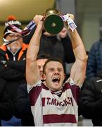 1 December 2024; Slaughtneil captain Mark McGuigan lifts the trophy after the AIB Ulster GAA Senior Club Hurling Championship final match between Portaferry of Down and Slaughtneil of Derry at BOX-IT Athletic Grounds in Armagh. Photo by Ramsey Cardy/Sportsfile