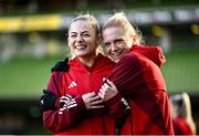 2 December 2024; Charlie Estcourt, left, and Ceri Holland  during a Wales women training session at the Aviva Stadium in Dublin. Photo by David Fitzgerald/Sportsfile