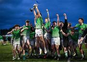 4 December 2024; Gonzaga College captain Daragh O’Dwyer lifts the cup alongside teammates after their side's victory in the Leinster Rugby Schools Senior League Division 1A Play-offs Final match between Newbridge College and Gonzaga College at Energia Park in Dublin. Photo by Seb Daly/Sportsfile