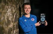 5 December 2024; Darragh Markey of Drogheda United with his SSE Airtricity / SWI Player of the Month Award for November 2024 at Weaver’s Park in Louth. Photo by Ben McShane/Sportsfile