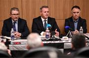 5 December 2024; In attendance, from left, managing director at UHY and Dundalk FC financial officier Alan Farrelly, Dundalk chairman John Temple and Dundalk FC chief executive officer Peter Halpin during a Dundalk press conference at Oriel Park in Dundalk, Louth. Photo by Ben McShane/Sportsfile