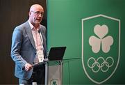 5 December 2024; Newly appointed Olympic Federation of Ireland President Lochlann Walsh speaking during the Olympic Federation of Ireland EGM 2024 at the Clayton Hotel in Dublin. Photo by Sam Barnes/Sportsfile