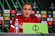 11 December 2024; Sandi Ogrinec speaks to the media during an FK Borac press conference at Tallaght Stadium in Dublin. Photo by Ben McShane/Sportsfile