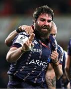 14 December 2024; Ugo Boniface of Bordeaux-Begles celebrates after scoring his side's sixth try during the Champions Cup Pool 1 match between Ulster and Bordeaux Begles at Kingspan Stadium in Belfast. Photo by Ramsey Cardy/Sportsfile