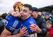 15 December 2024; Sarsfields players Shane O'Regan and Aaron Myres celebrate after their side's victory in the AIB GAA Hurling All-Ireland Senior Club Championship semi-final match between Sarsfields of Cork and Slaughtneil of Derry at Cedral St Conleth's Park in Newbridge, Kildare. Photo by Piaras Ó Mídheach/Sportsfile