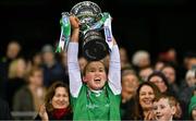 15 December 2024; The Sarsfields captain Laura Ward lifts the Bill and Agnes Carroll Cup after the AIB All-Ireland Senior Camogie Club final match between Sarsfields and Truagh-Clonlara at Croke Park in Dublin. Photo by Stephen Marken/Sportsfile