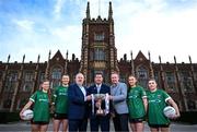 18 December 2024; In attendance at a photocall at Queen’s University, Belfast, are, Uachtarán Cumann Peil Gael na mBan Mícheál Naughton with Daniel Caldwell, chairperson Ladies HEC, left, and Head of Consumer Marketing and Sponsorship at AIG John Gillick alongside ladies footballers, from left, Mia Doherty, Brid McNally, Cadhla-Cara Bogue and Duana Coleman as AIG Ireland deepened its partnership with the LGFA by becoming the new partner to HEC Third-Level Competitions. AIG Ireland are also the LGFA’s Official Insurance Partner. Photo by David Fitzgerald/Sportsfile