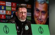 18 December 2024; Manager Stephen Bradley speaks to the media during a Shamrock Rovers press conference at Stamford Bridge in London, England. Photo by Harry Murphy/Sportsfile Photo by Harry Murphy/Sportsfile