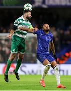 19 December 2024; Roberto Lopes of Shamrock Rovers in action against Christopher Nkunku of Chelsea during the UEFA Conference League 2024/25 league phase match between Chelsea and Shamrock Rovers at Stamford Bridge in London, England. Photo by Harry Murphy/Sportsfile