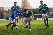 20 December 2024; Conor Fahey of Ireland scores his side's fifth try during the U20 international friendly match between Ireland and Italy at Templeville Road in Dublin. Photo by Seb Daly/Sportsfile