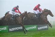 26 December 2024; The eventual winner An Peann Dearg, with Sean O'Keeffe up, hidden on the rails, trails The Folkes Tiara, 6, with Ethan Michael O'Sullivan up, and The King Of Prs, with, Keith Donoghue up, left, on their way to win The Racing Post Handicap Steeplechase race on day one of the Leopardstown Christmas Festival at Leopardstown Racecourse in Dublin. Photo by Shauna Clinton/Sportsfile