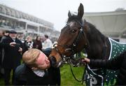 27 December 2024; Owner Neil Sands kisses Solness after sending him out to win the Paddy's Rewards Club Steeplechase (Grade 1) 5-y-o plus on day two of the Leopardstown Christmas Festival at Leopardstown Racecourse in Dublin. Photo by David Fitzgerald/Sportsfile