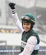 27 December 2024; Jockey J J Slevin celebrates on Solness after winning the Paddy's Rewards Club Steeplechase (Grade 1) 5-y-o plus on day two of the Leopardstown Christmas Festival at Leopardstown Racecourse in Dublin. Photo by David Fitzgerald/Sportsfile