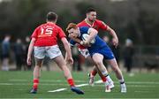 27 December 2024; Ruben Moloney of Leinster A is tackled by Shay McCarthy of Munster A during the A Interprovincial Rugby Championship match between Munster A and Leinster A at New Ormond Park in Nenagh, Tipperary. Photo by Brendan Moran/Sportsfile