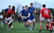 27 December 2024; Connor Fahy of Leinster A in action against Seán Edogbo of Munster A during the A Interprovincial Rugby Championship match between Munster A and Leinster A at New Ormond Park in Nenagh, Tipperary. Photo by Brendan Moran/Sportsfile