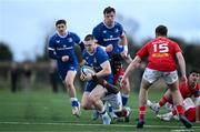 27 December 2024; Connor Fahy of Leinster A in action against Seán Edogbo of Munster A during the A Interprovincial Rugby Championship match between Munster A and Leinster A at New Ormond Park in Nenagh, Tipperary. Photo by Brendan Moran/Sportsfile