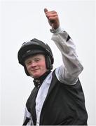 27 December 2024; Jockey Sam Ewing celebrates on Romeo Coolio after winning the Paddy Power Future Champions Novice Hdle (Grade 1) 4-y-o plus on day two of the Leopardstown Christmas Festival at Leopardstown Racecourse in Dublin. Photo by David Fitzgerald/Sportsfile