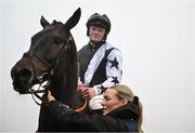 27 December 2024; Jockey Sam Ewing celebrates on Romeo Coolio after winning the Paddy Power Future Champions Novice Hdle (Grade 1) 4-y-o plus on day two of the Leopardstown Christmas Festival at Leopardstown Racecourse in Dublin. Photo by David Fitzgerald/Sportsfile