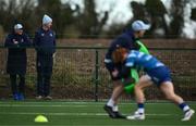 27 December 2024; Leinster senior coach Jacques Nienaber, left, and head coach Leo Cullen look on during the A Interprovincial Rugby Championship match between Munster A and Leinster A at New Ormond Park in Nenagh, Tipperary. Photo by Brendan Moran/Sportsfile