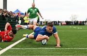 27 December 2024; Aitzol Arenzana-King of Leinster A scores a try during the A Interprovincial Rugby Championship match between Munster A and Leinster A at New Ormond Park in Nenagh, Tipperary. Photo by Brendan Moran/Sportsfile