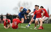 27 December 2024; Aitzol Arenzana-King of Leinster A is tackled by Jed O’Dwyer of Munster A during the A Interprovincial Rugby Championship match between Munster A and Leinster A at New Ormond Park in Nenagh, Tipperary. Photo by Brendan Moran/Sportsfile